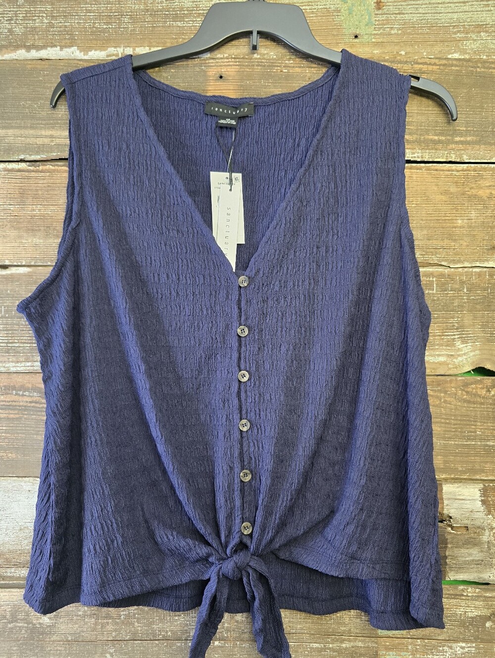 Sanctuary Deep Navy Textured Sleeveless Button Tie-Front Top, Size 2X, NWT